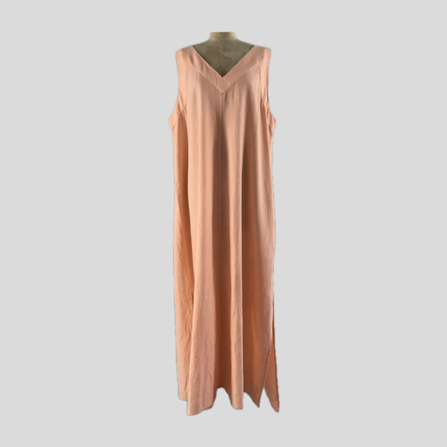Dkny Orange Pastel Linen V Neck Casual Sleeveless Midi Dress Womens Size Xl